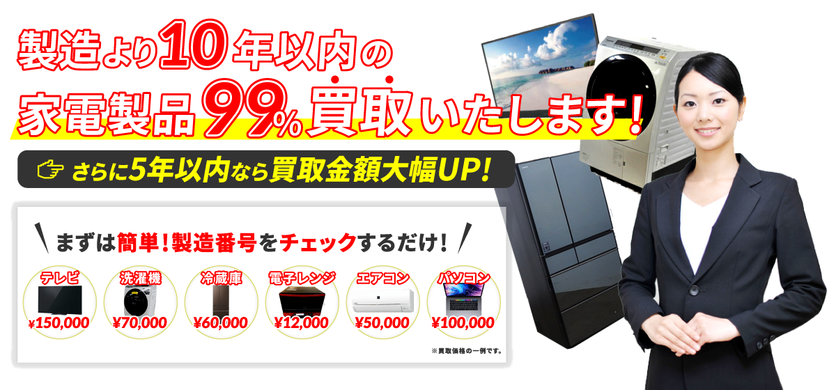 テレビ・冷蔵庫・洗濯機など家電製品99％買取いたします！