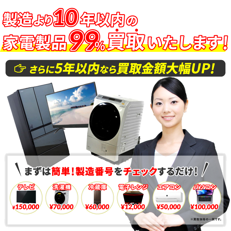 テレビ・冷蔵庫・洗濯機など家電製品99％買取いたします！